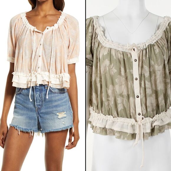 Free People Women's Perfect Day Ribbed Ruffle Top  Poppy Combo - Picture 1 of 5